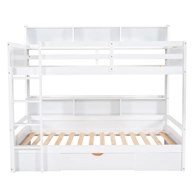 Twin Size Bunk Bed With Built-In Shelves Beside Both Upper And Down Bed And Storage Drawer - White