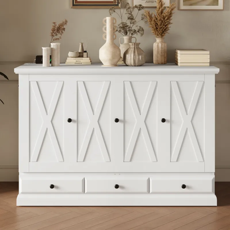 Queen Solid Pine Murphy Bed Chest Cube Cabinet Bed With Charging Station And Large Storage Drawer Fo