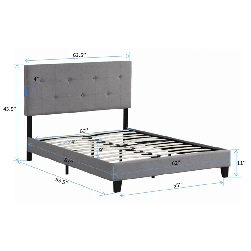 Queen Size Upholstered Platform Bed Frame With Button Tufted Linen Headboard, No Box Spring Needed, 