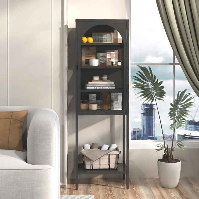 Metal Glass Door Display Storage Cabinet, 5 Tier Cube Bookshelf Storage Cabinet With 3 Adjustable Sh