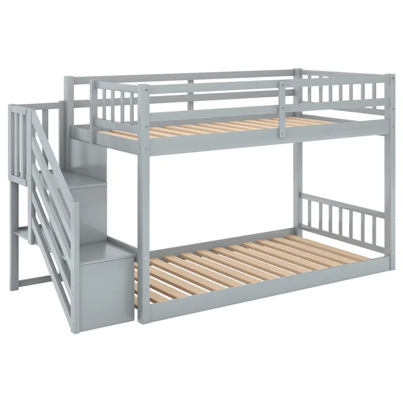 Twin Over Twin Floor Bunk Bed, Ladder With Storage - Gray
