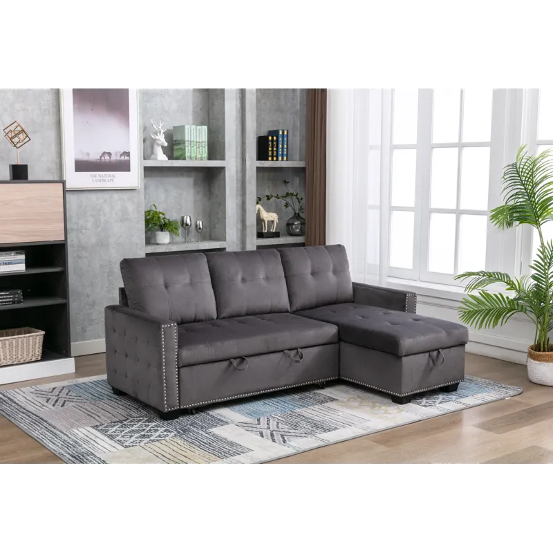 Reversible Sectional Storage Sleeper Sofa Bed, L-Shape 2 Seat Sectional Chaise With Storage, Skin-Fe