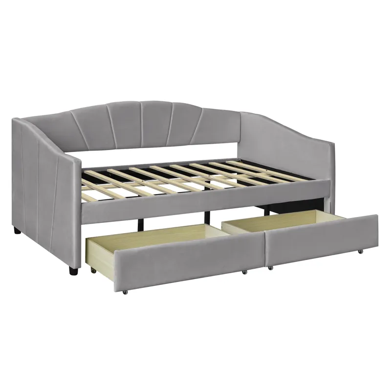 Twin Size Upholstered Daybed With Two Drawers And Wood Slat - Gray