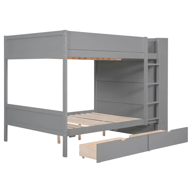 Full Over Full Bunk Bed With 2 Drawers And Multi - Layer Cabinet - Gray