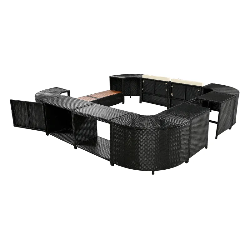 Spa Surround Spa Frame Quadrilateral Outdoor Rattan Sectional Sofa Set With Mini Sofa, Wooden Seats 