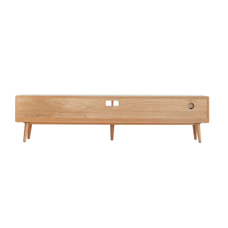 TV Cabinet With Chinese Changhong Glass Doors, Two Drawer Storage Space TV Standing - Natural