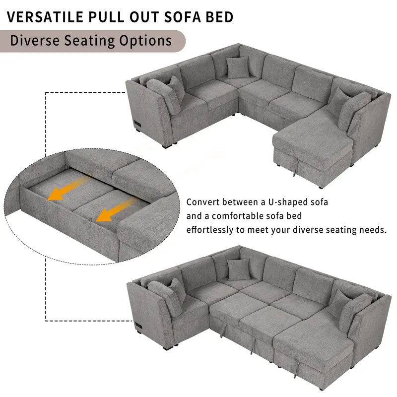 U-Shaped Sectional Sofa Pull Out Sofa Bed With Two USB Ports, Two Power Sockets, Three Back Pillows 