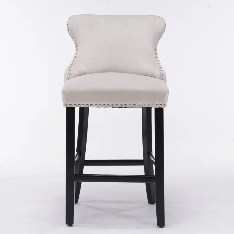 Contemporary Velvet Upholstered Wing-Back Barstools With Button Tufted Decoration And Wooden Legs, A