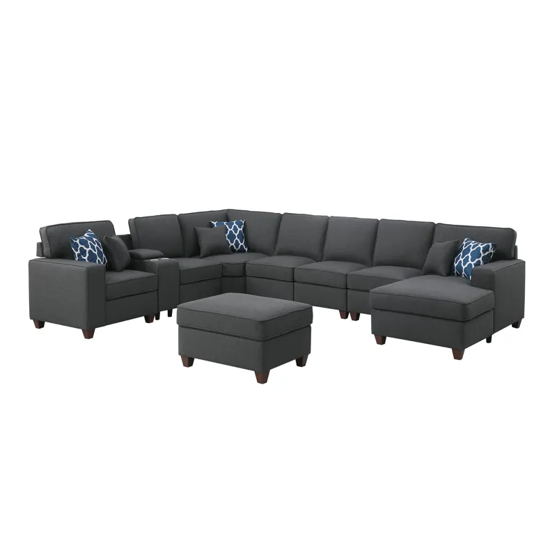 Eric - 9 Piece Upholstered Sectional With Ottoman - Dark Gray