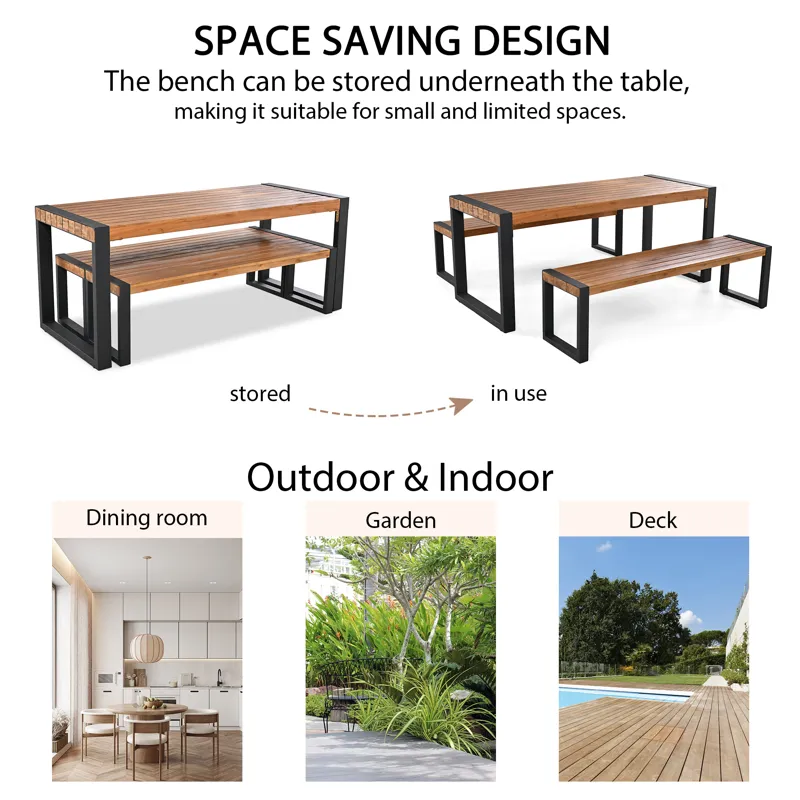 3 Pieces Outdoor Dining Table With 2 Benches, Patio Dining Set With Unique Top Texture, Acacia Wood 