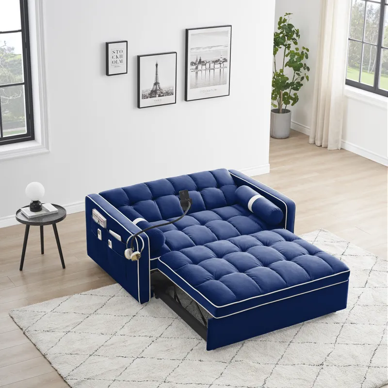 Modern Convertible Sleeper Sofa Couch With Pull Out Bed With Pillows & Side Pockets For Small Space,