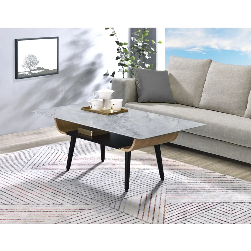 Landon - Coffee Table With Glass Marble Texture Top And Bent Wood Design - Gray