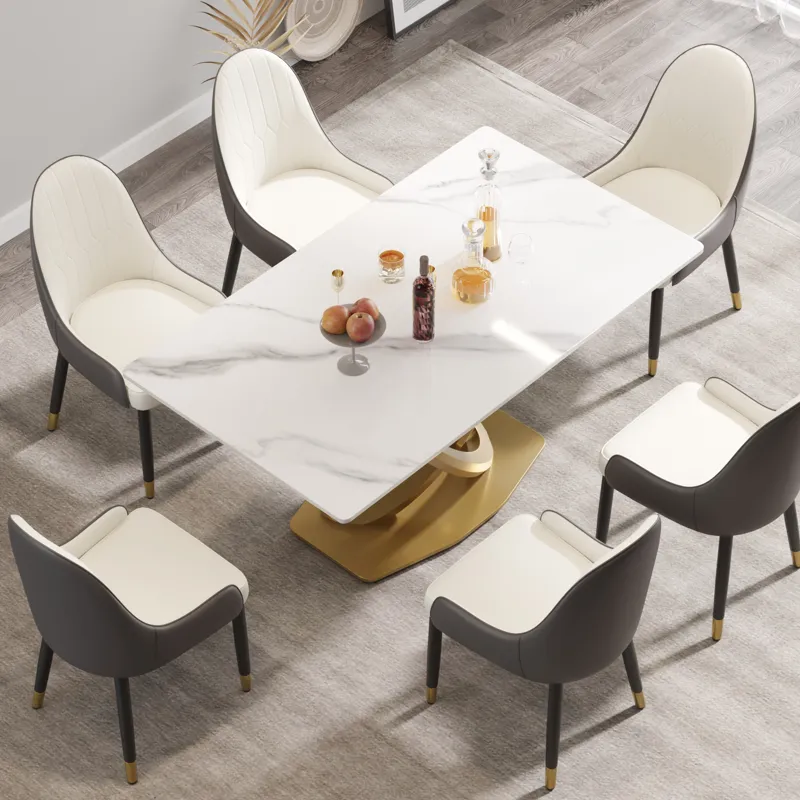 63\" Modern Artificial Stone Panel Double-Ring Stainless Steel Metal Legs, Can Accommodate 6-8 Peopl