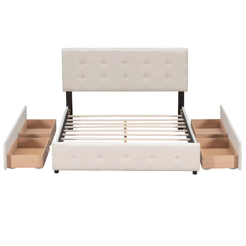 Queen Size Upholstered Platform Bed With Classic Headboard And 4 Drawers, No Box Spring Needed - Bei