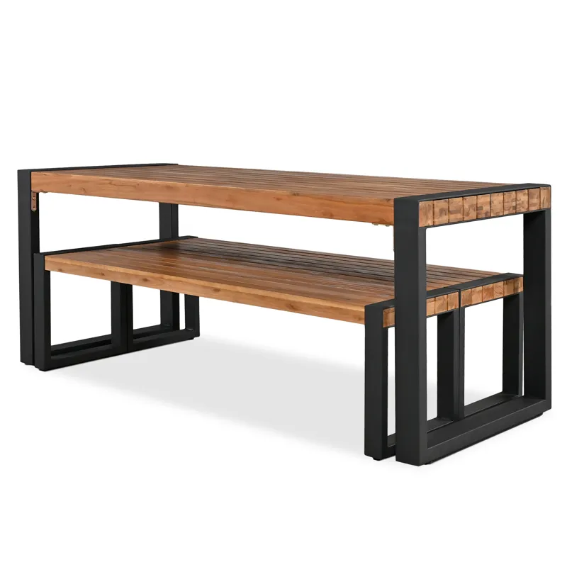 3 Pieces Outdoor Dining Table With 2 Benches, Patio Dining Set With Unique Top Texture, Acacia Wood 