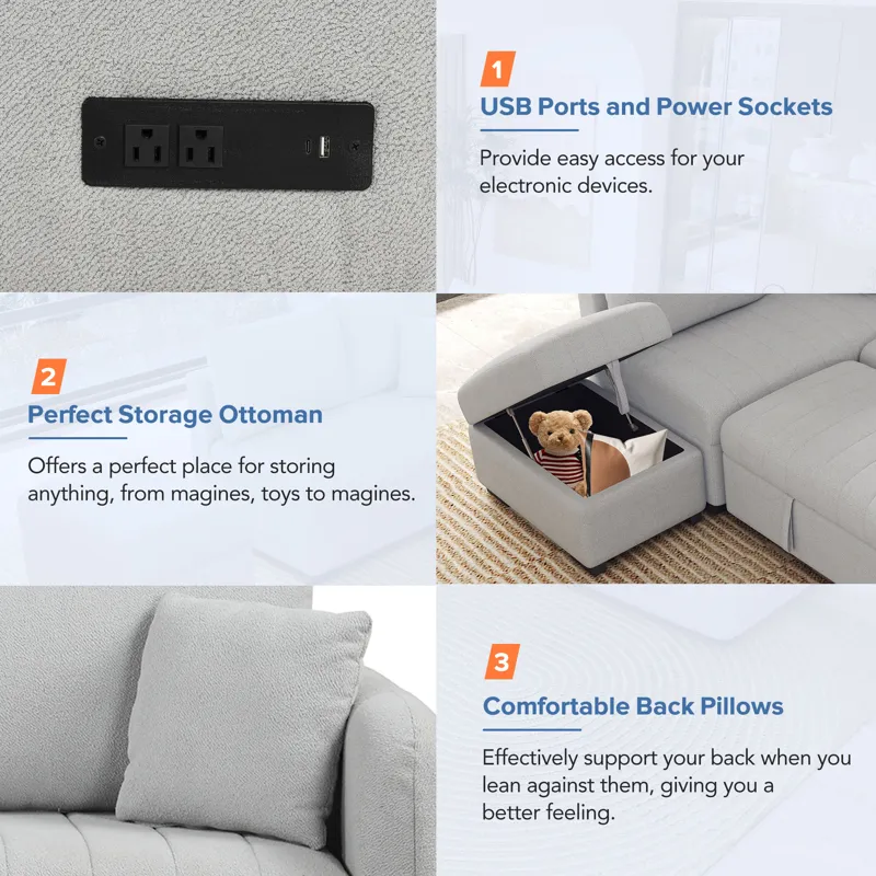 L-Shaped Sectional Pull Out Sofa Bed Sleeper Sofa With Two USB Ports, Two Power Sockets And A Movabl