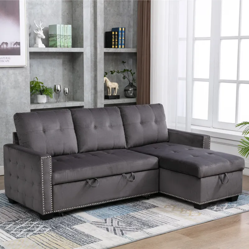 Reversible Sectional Storage Sleeper Sofa Bed, L-Shape 2 Seat Sectional Chaise With Storage, Skin-Fe