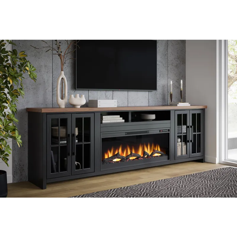 Bridgevine Home - Essex 97\" Fireplace TV Stand Console - Black and Whiskey Finish