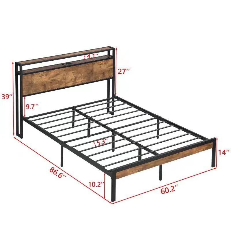 Queen Size Metal Platform Bed Frame With Wooden Headboard And Footboard With USB Liner, LED Lights, 