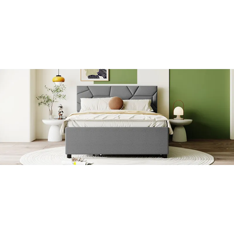 Full Size Upholstered Platform Bed With Brick Pattern Headboard And Twin Size Trundle, Linen - Gray