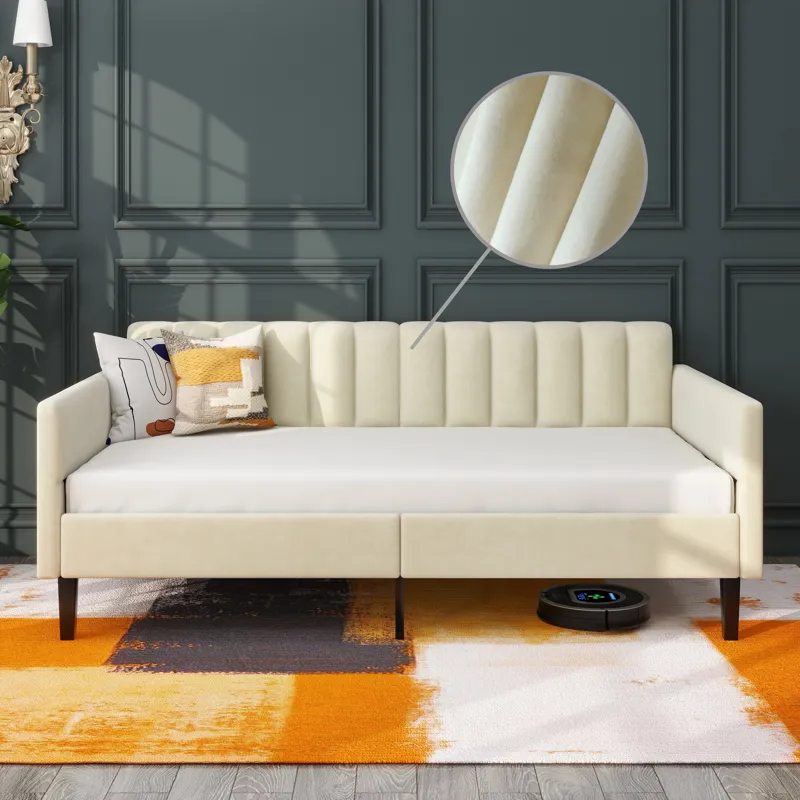 Elena - Twin Upholstered Daybed, Ribbed Tufted Backrest - Beige