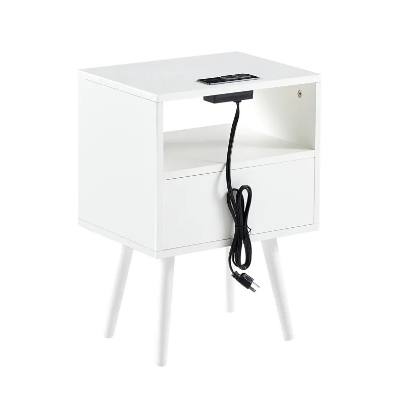 15.75\" Rattan End Table With Power Outlet & USB Ports, Modern Nightstand With Drawer And Solid Wood