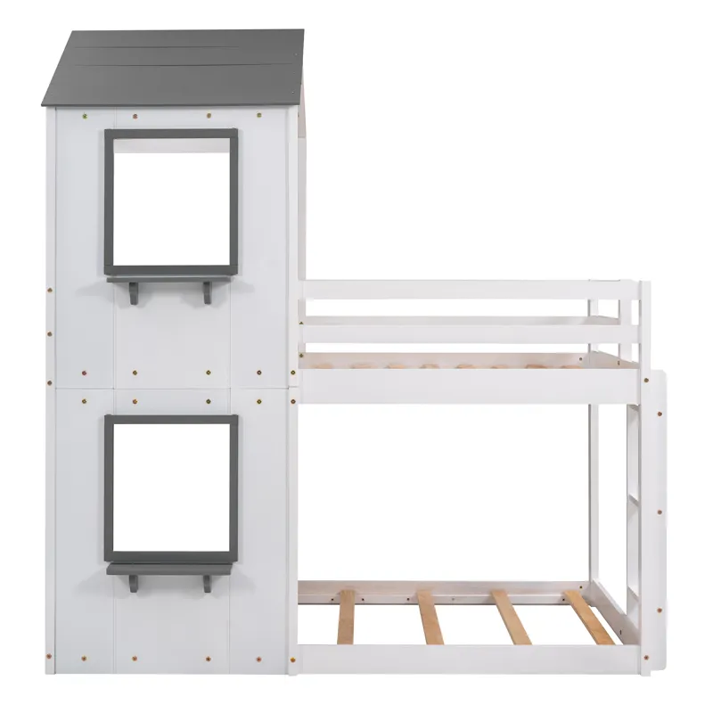Twin Over Twin Bunk Bed Wood Bed & Roof, Window, Guardrail, Ladder - White