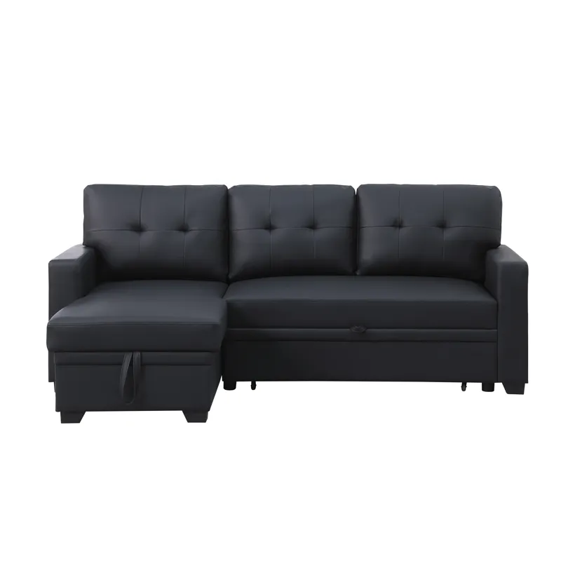 Upholstered Pull Out Sectional Sofa With Chaise - Black
