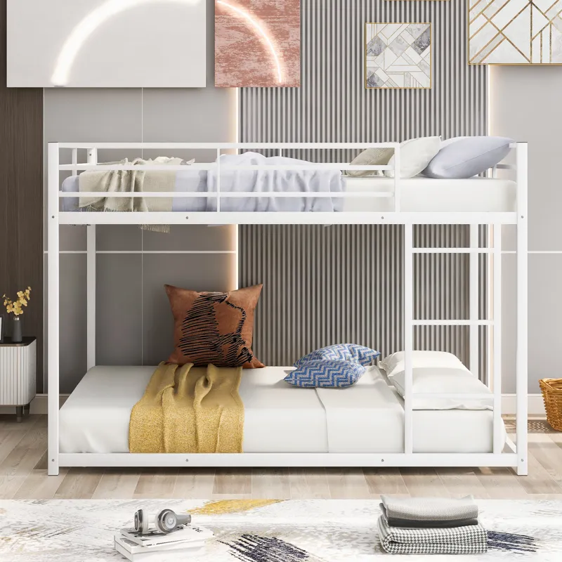 Full Over Full Metal Bunk Bed, Low Bunk Bed With Ladder - White