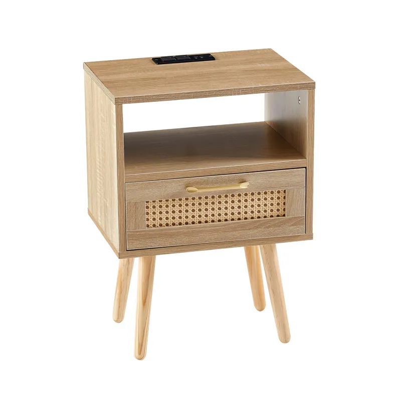 15.75\" Rattan End Table With Power Outlet & USB Ports, Modern Nightstand With Drawer And Solid Wood