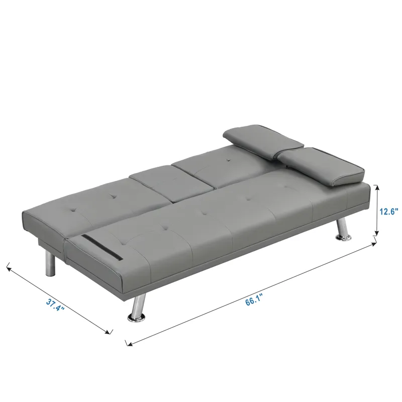 Sofa Bed With Armrest Two Holders Wood Frame, Stainless Leg Futon - Gray