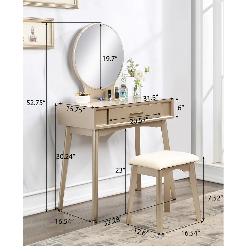 Maly - Contemporary Wood Vanity And Stool Set - Gold
