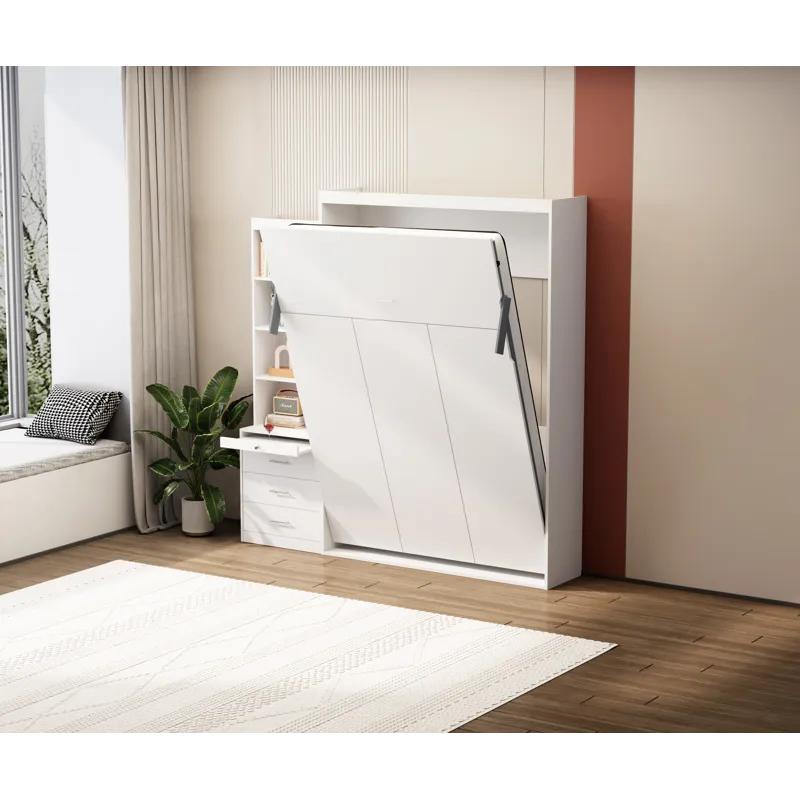 Morden Deisgn Full Size Vertical Murphy Bed With Shelf And Drawers For Bedroom Or Guestroom Wall Bed