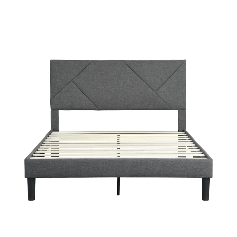 Queen Size Upholstered Platform Bed Frame With Headboard, Strong Wood Slat Support, Mattress Foundat