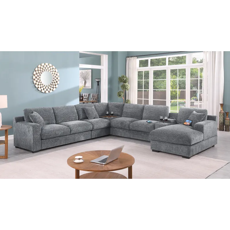 Celine - Chenille Fabric Corner Sectional Sofa With Right-Facing Chaise, Cupholders, And Charging Po