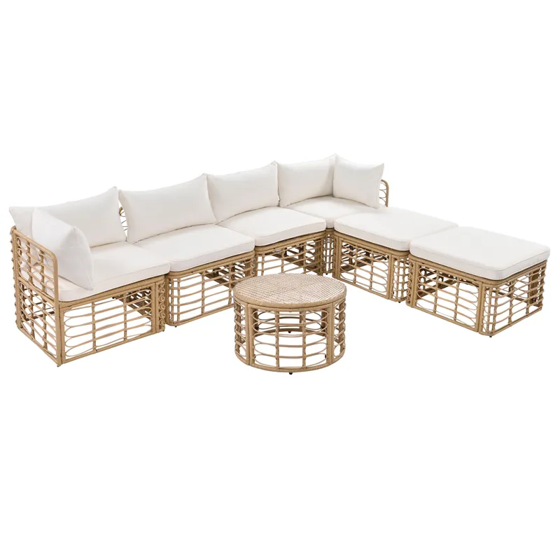 7 Pieces Outdoor Patio Furniture, All-Weather Rattan Sectional Sofa Set With Thick Cushions And Pill