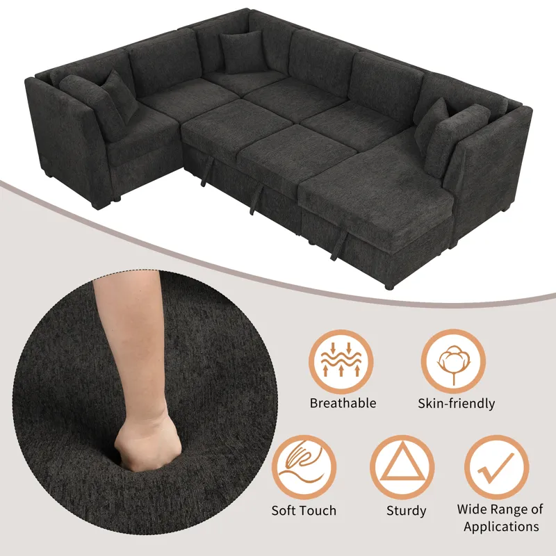 U-Shaped Sectional Sofa Pull Out Sofa Bed With Two USB Ports, Two Power Sockets, Three Back Pillows 