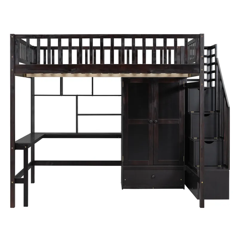Full Size Loft Bed With Bookshelf, Drawers, Desk, And Wardrobe - Espresso