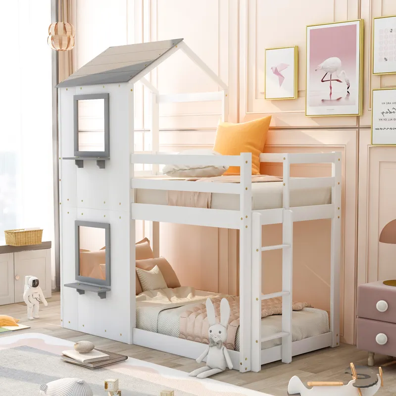 Twin Over Twin Bunk Bed Wood Bed & Roof, Window, Guardrail, Ladder - White