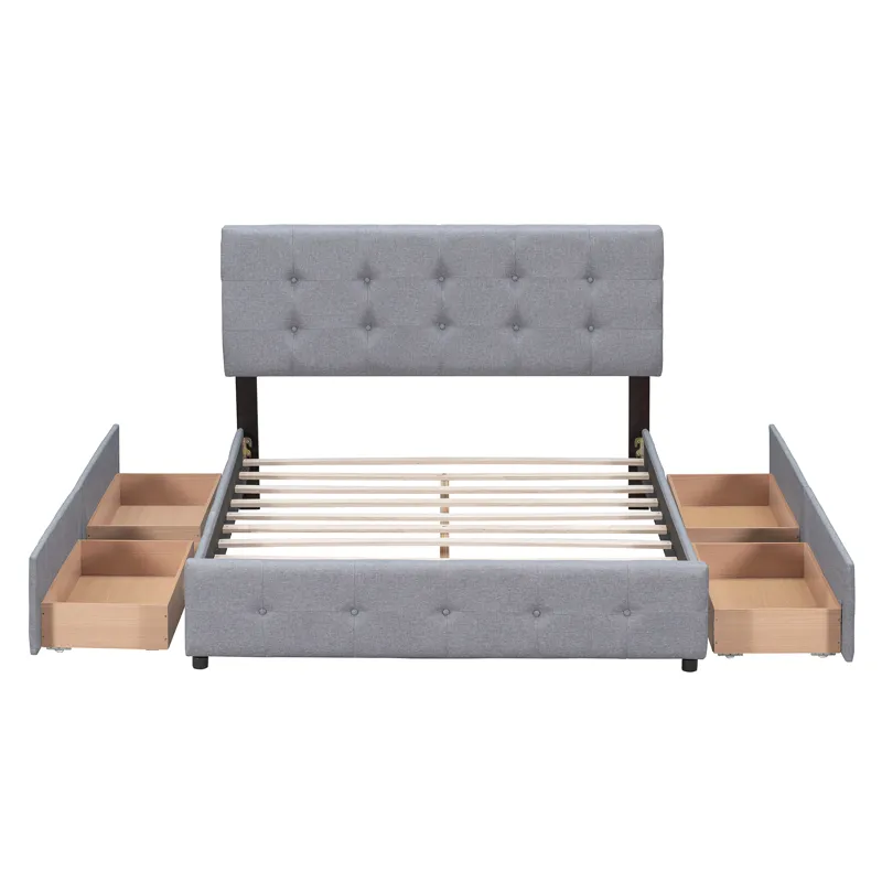 Queen Size Upholstered Platform Bed With Classic Headboard And 4 Drawers, No Box Spring Needed - Lig