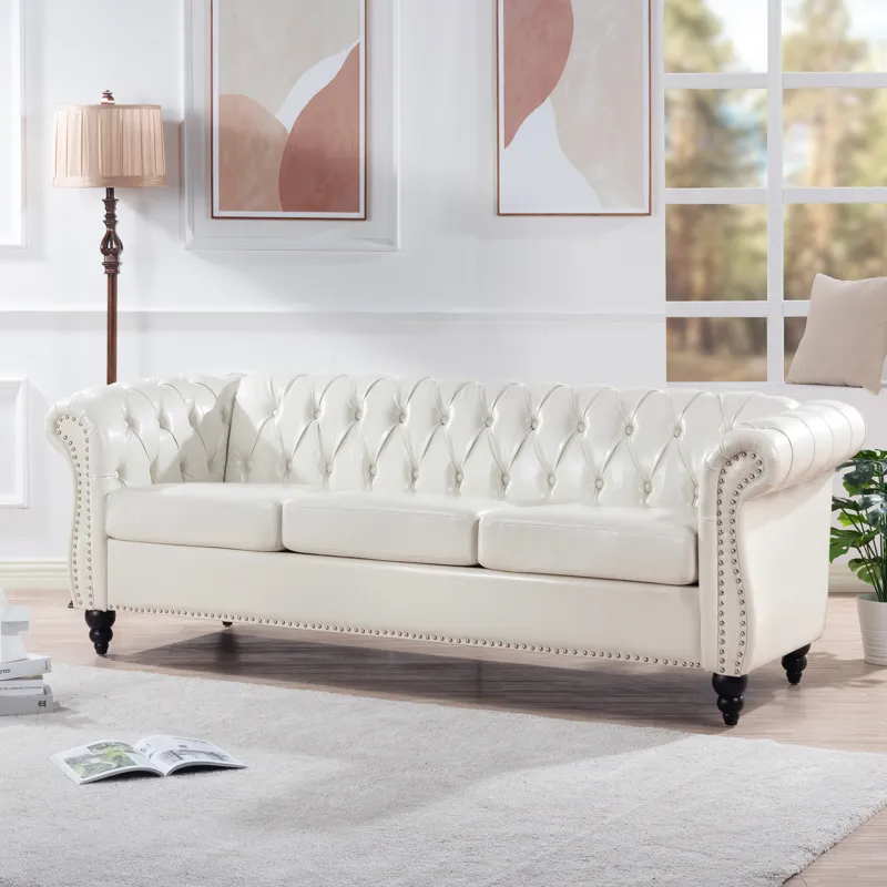84.65\" Rolled Arm Chesterfield 3 Seater Sofa - White
