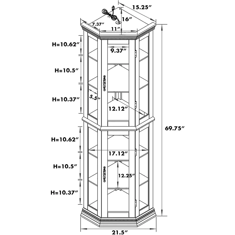 Corner Curio Cabinet With Lights, Adjustable Tempered Glass Shelves, Mirrored Back, Display Cabinet 