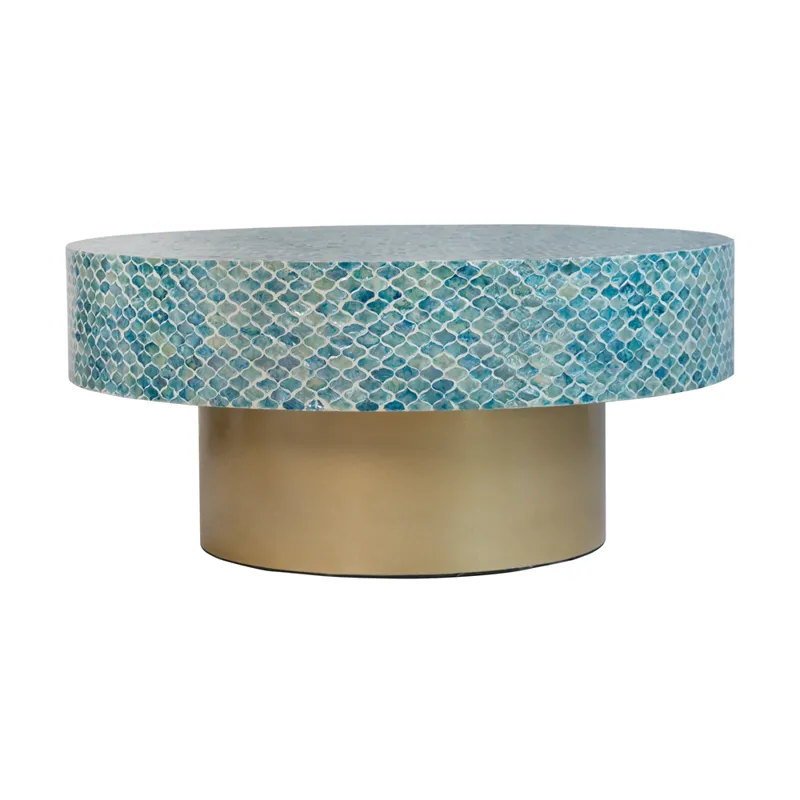 Unique Hyperion Capiz Inlay Drum Coffee Table With Gold Pedestal Base - Multi