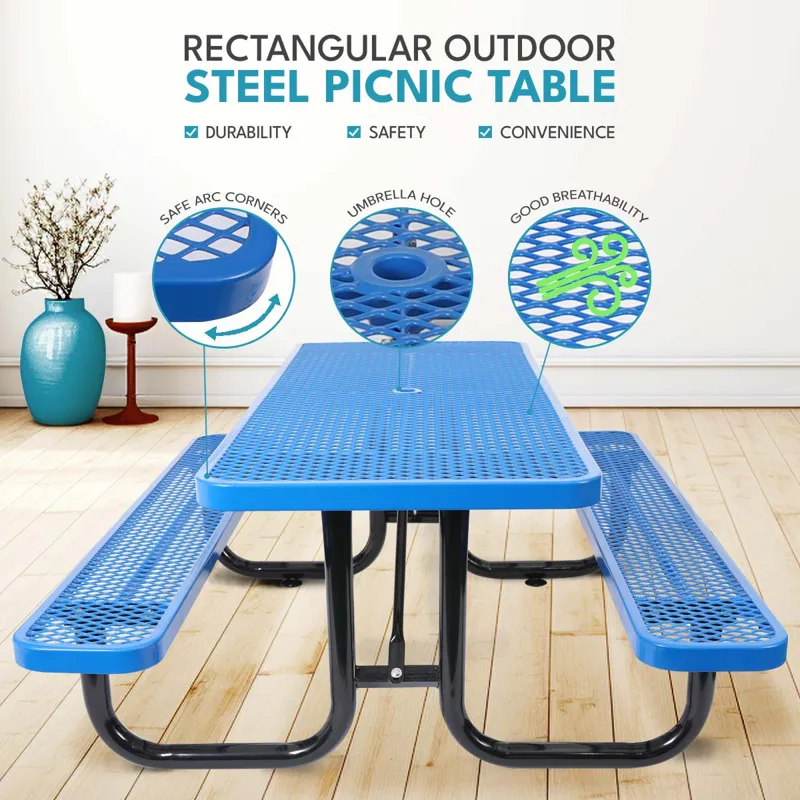 Outdoor Steel Picnic Rectangular Table With Umbrella Pole - Blue