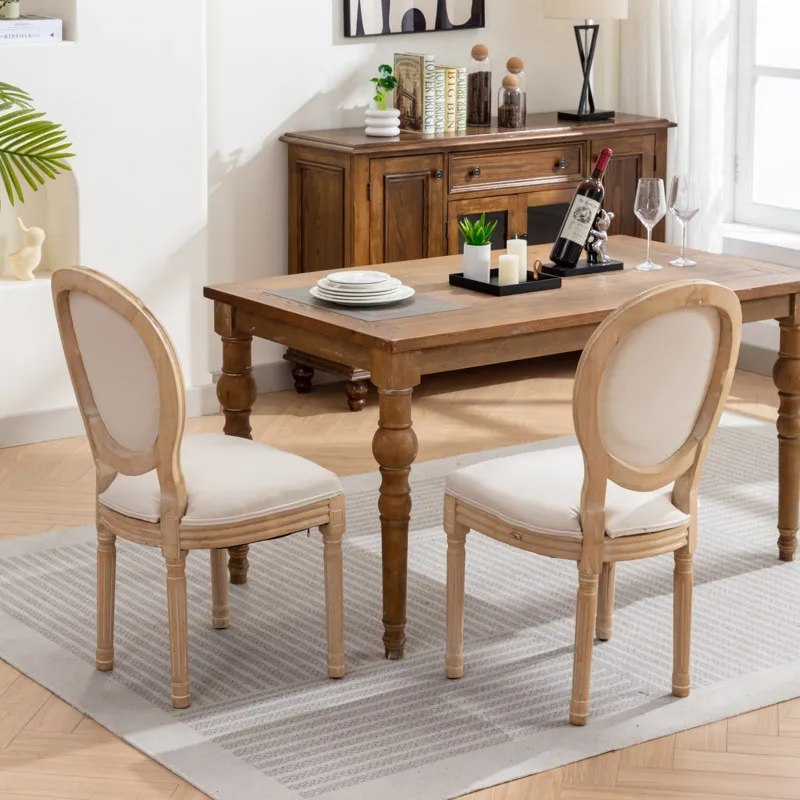 French Style Solid Wood Frame Antique Painting Linen Fabric Back Dining Chair (Set of 2) - Beige