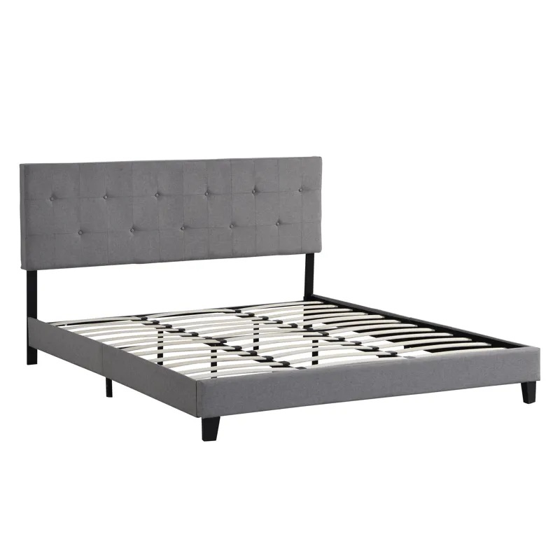 King Size Upholstered Platform Bed Frame With Button Tufted Linen Fabric Headboard, No Box Spring Ne