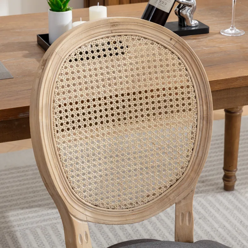 French Style Solid Wood Frame Antique Painting Linen Fabric Rattan Back Dining Chair (Set of 2) - Gr