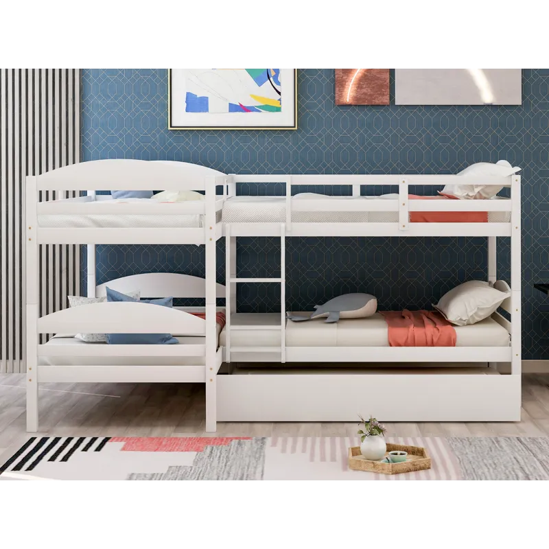 Twin L-Shaped Bunk Bed With Trundle - White