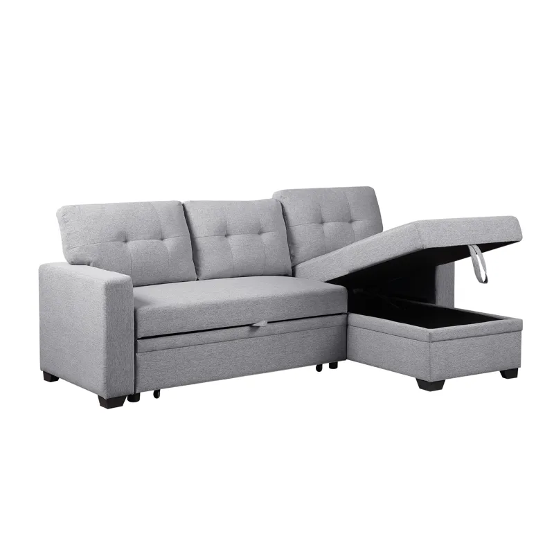 Upholstered Pull Out Sectional Sofa With Chaise - Light Gray