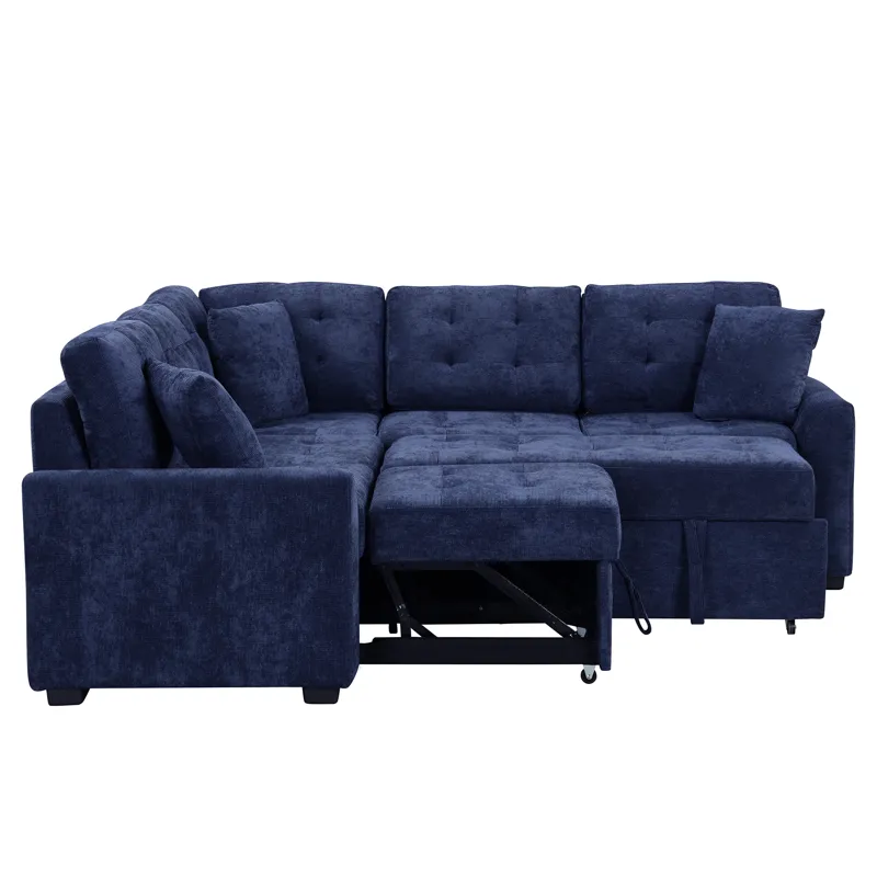 L-Shape Sofa Bed Pull-Out Sleeper Sofa With Wheels, USB Ports, Power Sockets For Living Room - Navy 